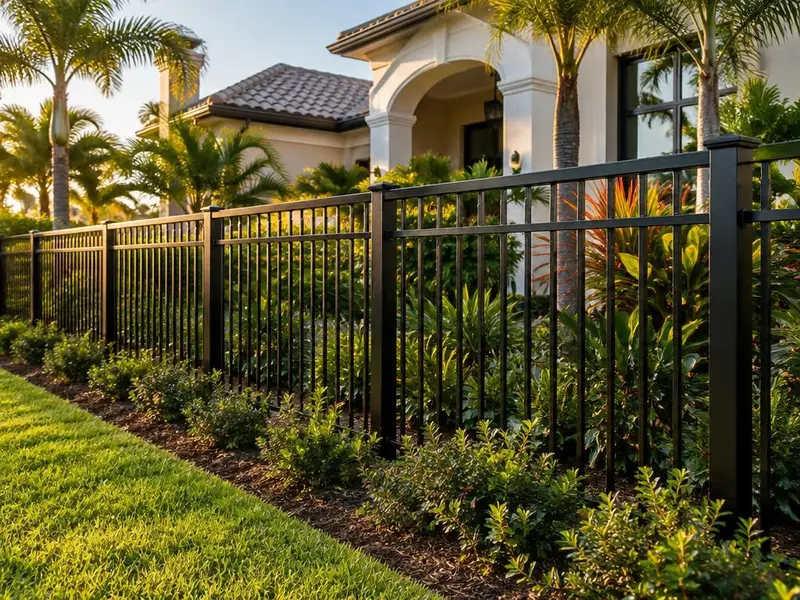 Black ornamental aluminum fence in front of a landscaped Florida home