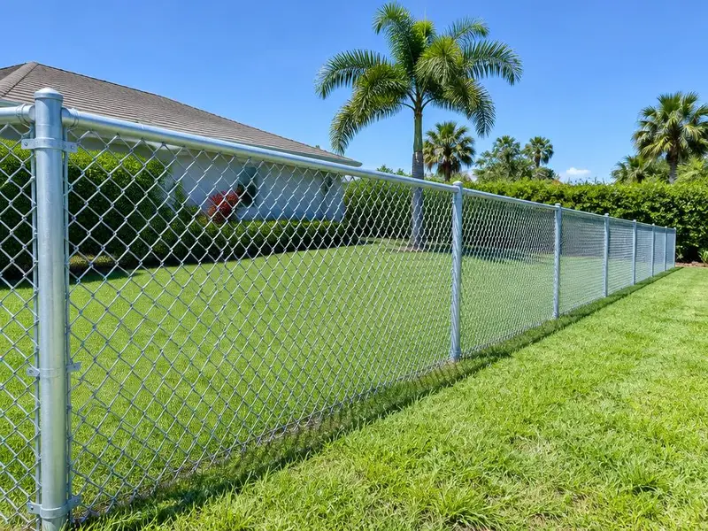 Galvanized chain link fence with a straight top rail around a residential yard